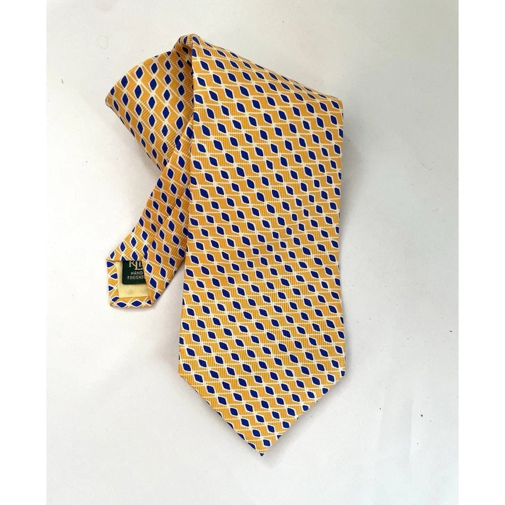 Lauren Ralph Lauren Yellow Geometric 100% Silk‎ Tie Green Label USA 3.75
